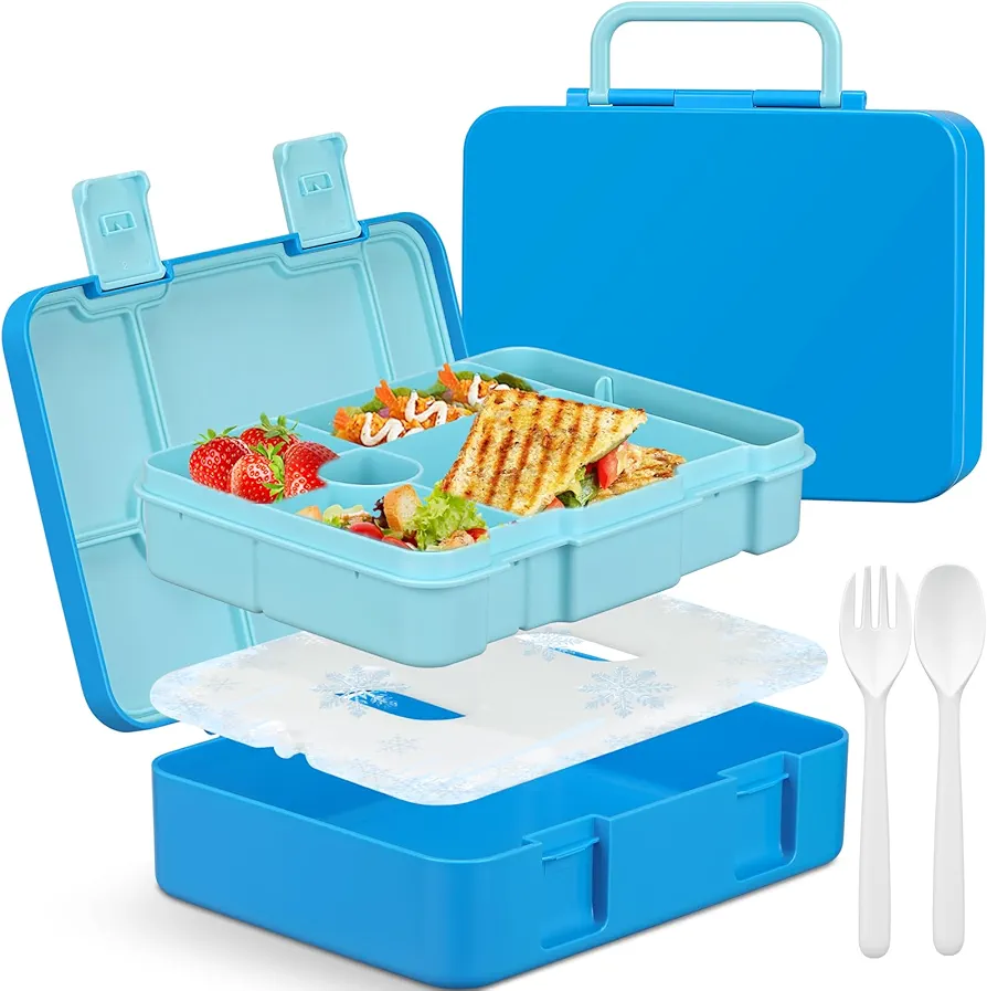 Bento Box for Kids, Chill Lunch Box with Reusable Ice Pack, Leak-proof 5-Compartment Bento Lunch Container with Portable Handle All Seasons (Blue)