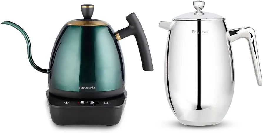 Easyworkz Electric Gooseneck Pour Over Coffee Kettle 27 oz, Bundled with Easyworkz Nando French Press 34 oz