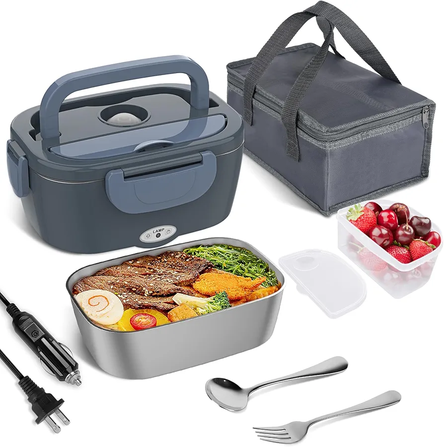 Vabaso Electric Lunch Box Food Heater, Electric Heating Lunch Boxes Lunch for Adults/Men/Car/Truck/Work, 1.5L Removable 304 Stainless Steel Container, 80W, 110V/12V/24V, with Fork & Spoon