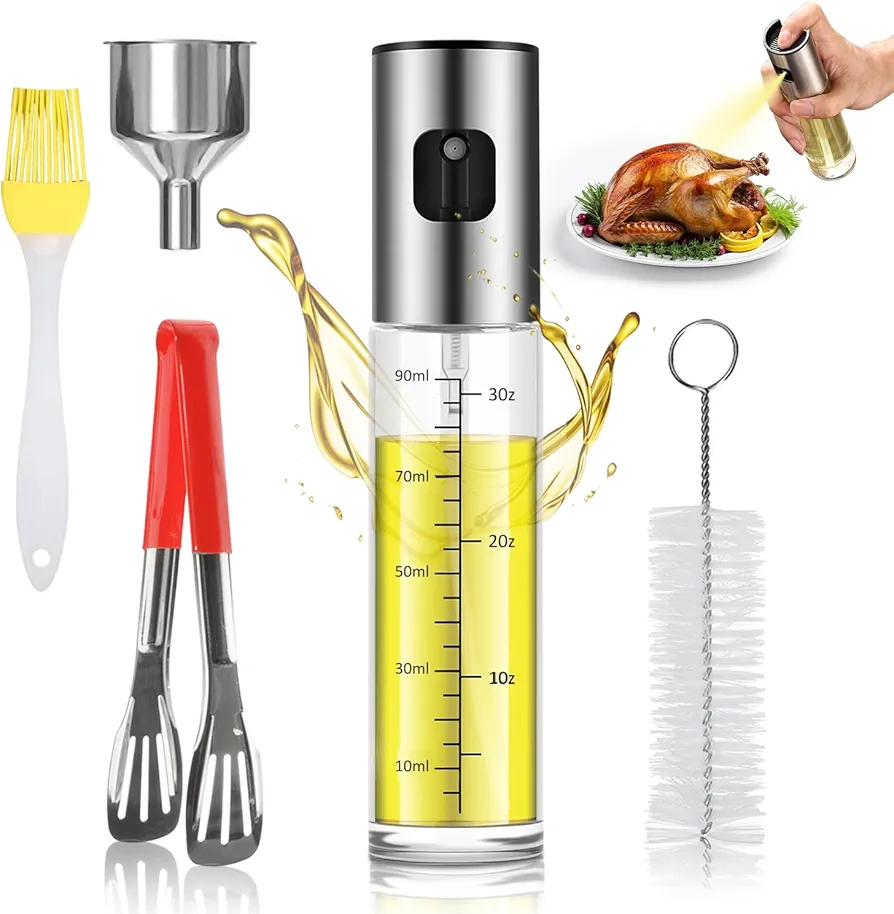 Oil Sprayer for Cooking - 100ml Olive Oil Mister Spray Bottle, Tong, Funnel, 2 Brushes, Cooking Oil Sprayer for Air Fryer, Olive Oil Spray Bottle for Salad, BBQ, Baking