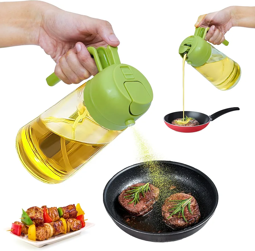 2 in 1 470ml Olive oil dispenser bottle for kitchen-cooking oil sprayer-premium glass oil dispenser, oil sprayer for cooking salad/vinegar/avocado/syrup- grilling, Roasting-oil sprayer