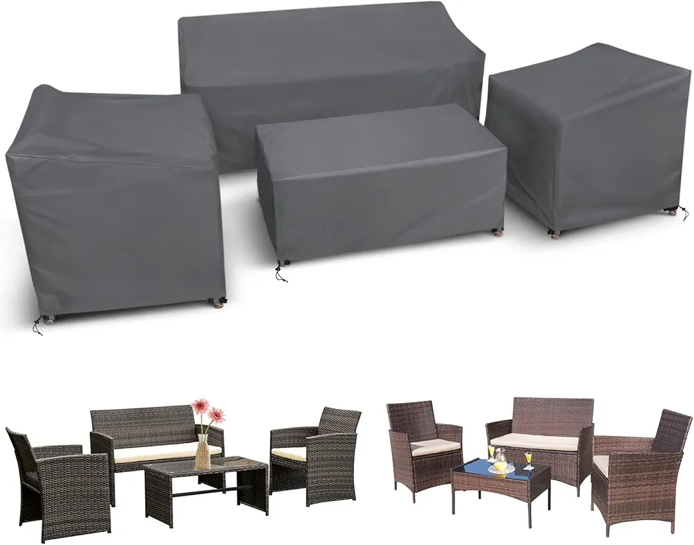 STARTWO Patio Furniture Covers 4 Piece Set, Heavy Duty Waterproof Outdoor Furniture Cover, Windproof Patio Cover for Rattan Wicker Conversation Set, Patio Furniture Set Cover, Grey