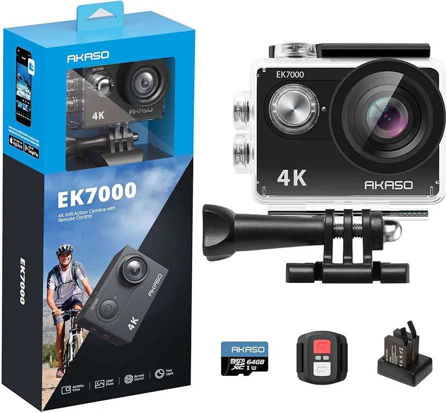 AKASO EK7000 4K30fps Action Camera with 64GB MicroSDXC U3 Memory Card 131ft Waterproof Camera with EIS 4X Zoom Remote Control Ultra HD 20MP Underwater Camera with Accessories Kit
