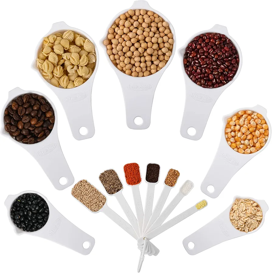 Measuring Cups and Spoons Set 15, Plastic Measuring Cup and Measuring Spoon, 7 Measuring Cups and 7 Spoons with 1 Leveler, White Measuring Cups Spoons for Kitchen, Baking Measure Cups Spoons