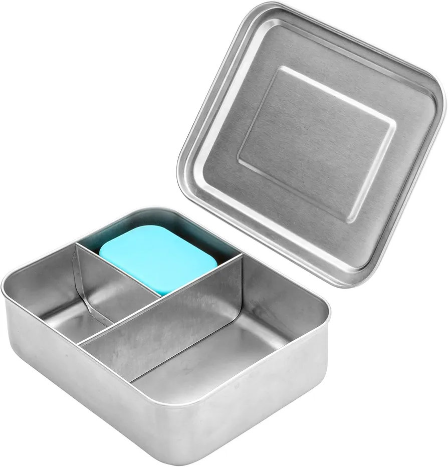 WeeSprout 18/8 Stainless Steel Bento Box (Compact Lunch Box) - 3 Compartment Metal Lunch Containers, for Kids & Adults, Bonus Dip Container, Fits in Lunch Bag & Backpack