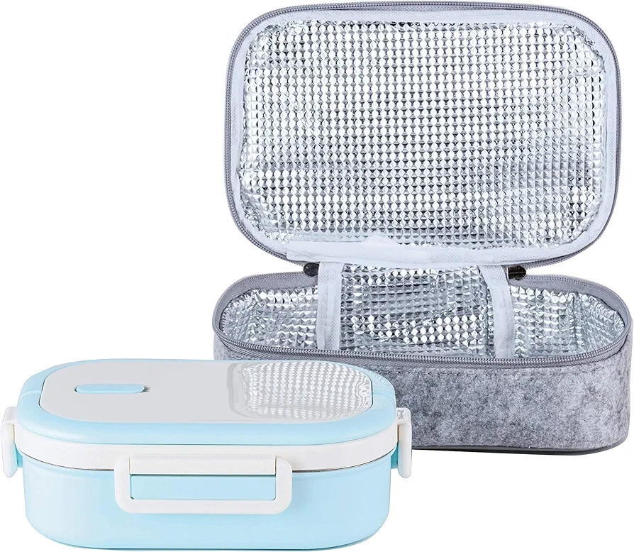 Lille Home Stainless Steel Leakproof Bento Lunch Box/Metal Food Container with Insulated Lunch Bag, BPA Free, 22 Ounces, Blue