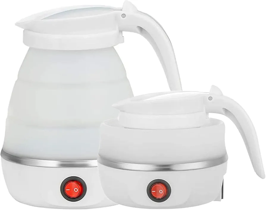 Foldable Electric Travel Kettle - Portable and Convenient Silicone Collapsible Water Boiler and Tea Pot for Camping - Easy Storage with Detachable Power Cord （White）