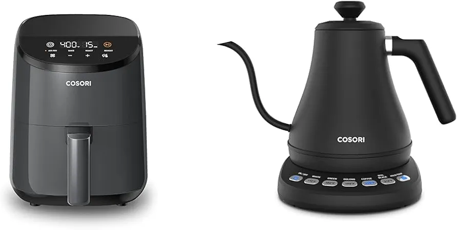 Cosori Mini Air Fryer 2.1 Qt, 4-in-1 Small Airfryer, Bake, Roast, Reheat, Space-saving & Low-noise & Electric Gooseneck Kettle with 5 Temperature Control Presets, Pour Over Kettle