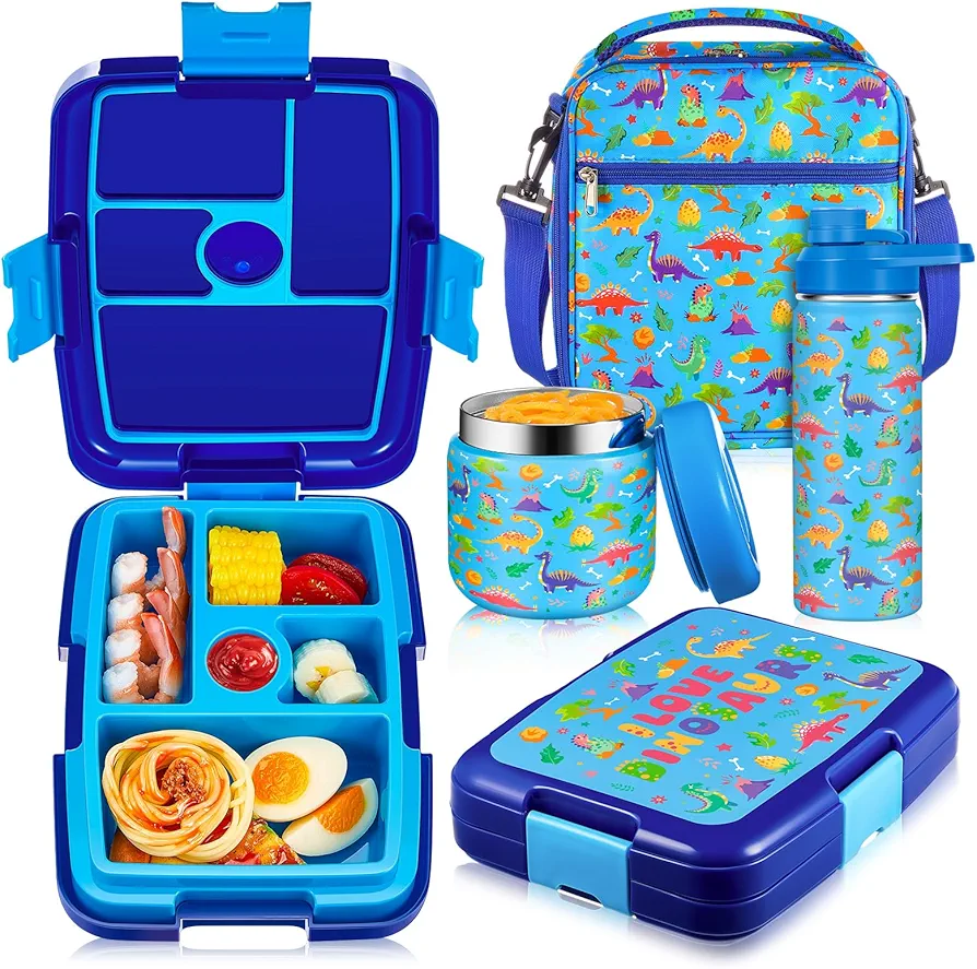 Hushee Bento Lunch Box Set for Kids Include 12oz Hot Food Jar 18oz Vacuum Insulated Water Bottle 5 Compartment Leak Proof Lunch Containers and Insulated Lunch Bag for Girls Boys for to School Travel