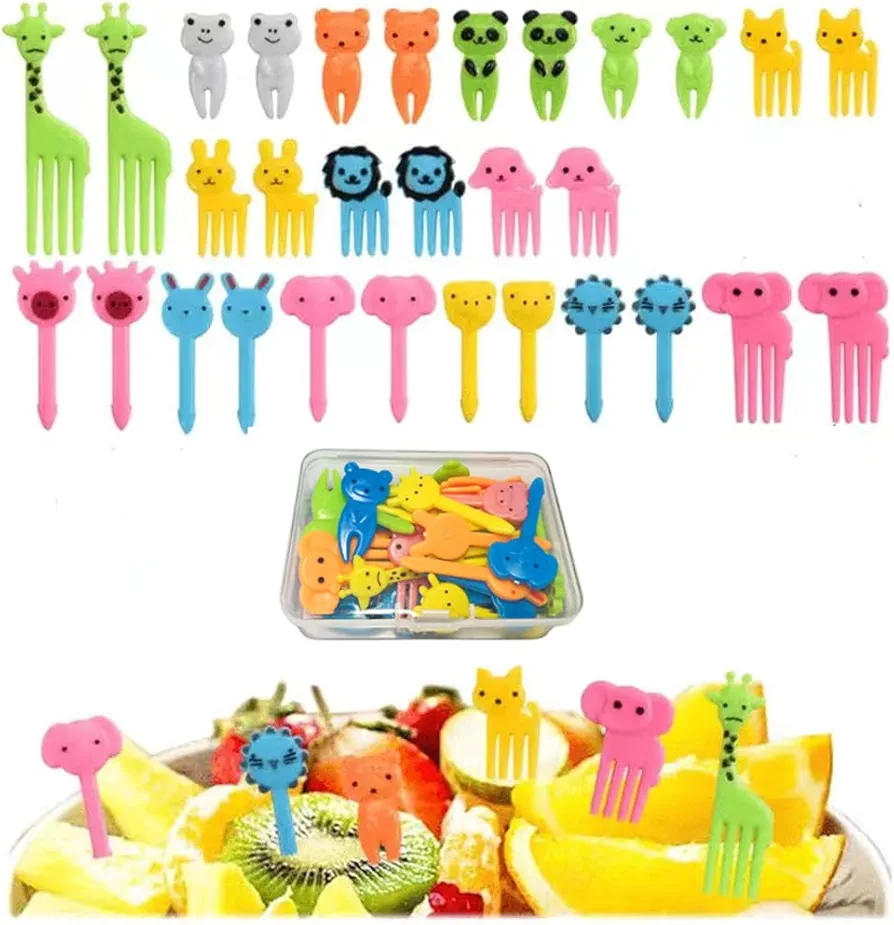 Lovely Animals Food Fruit Picks Forks with Storage Box for Bento Lunch Box Decor Mini Cartoon Toothpick Decorative Cupcake Picks Small Flatware 30pcs