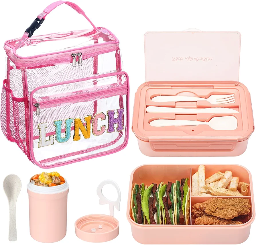 Bento Box Lunch Box Kit Including Large Pink Clear Lunch Bags Leakproof Lunch Box Containers 12 oz Cup Spoon Fork for Women School Travel Picnic Office