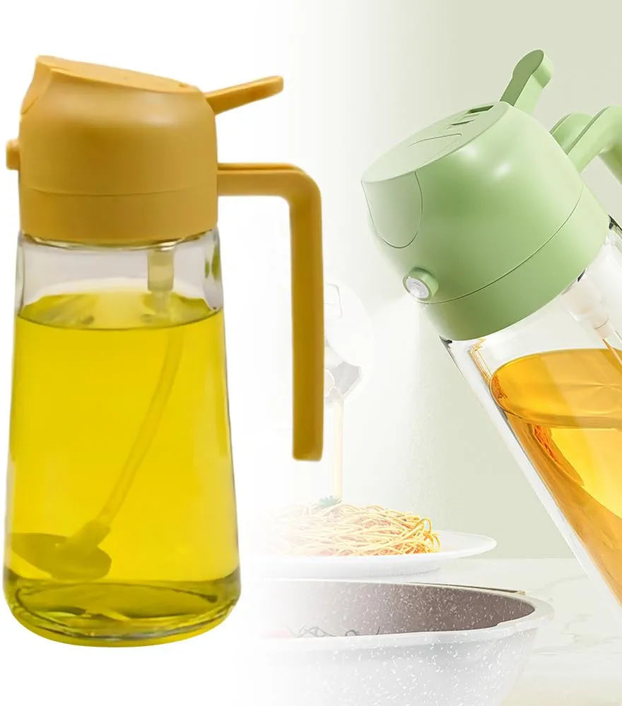 2 in 1 Glass Oil Sprayer and Dispenser, 2024 New Glass Oil Bottle with Nozzle Olive Oil Dispenser Bottle, Food grade Oil Jug Mister Spray Bottle for Cooking Air Fryer Frying BBQ (Green, 600 ML)