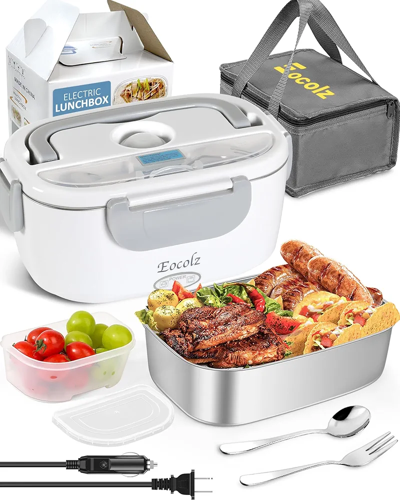 Eocolz Electric Lunch Box Food Heater 60-80W for Adults, Portable Food Warmer Heated Lunch Box for Car Truck Work with 1.5L Stainless Steel Container Fork & Spoon 12/24/110V Lonchera Eléctrica
