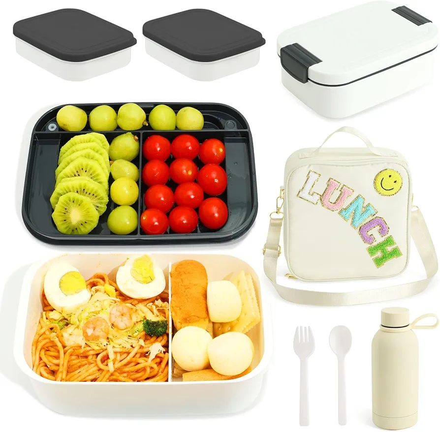 Bento Lunch Box Set for Kids - White Nylon insulated Lunch Bag with 12oz Thermos, Leak-Proof Containers, Adjustable Strap, Birthday Gifts for Girls School Travel Picnic (Ages 3-15)