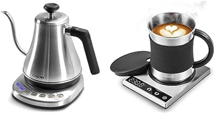 COSORI Electric Gooseneck Kettle with 5 Variable Presets,100% Stainless Steel Inner Lid & Bottom,Silver & Coffee Mug Warmer & Mug Set,Beverage Cup Warmer for Desk Home Office Use,Coffee gifts