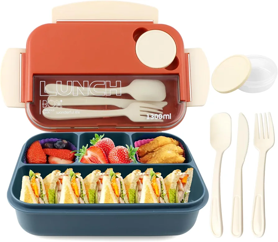 Bento Lunch Box for Adults, Salad Container-44oz Salad Bowl, Leak-Proof Lunchbox with Sauce Containers Fork and Spoon for Dining Out, Work (Orange)