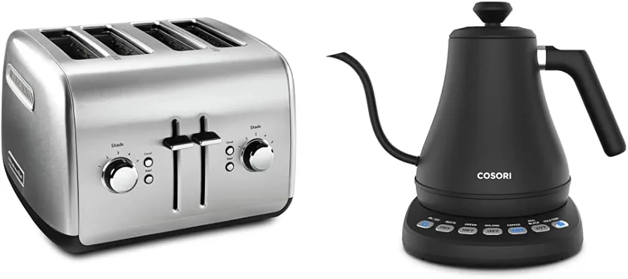 KitchenAid KMT4115SX 4-Slice Toaster, Metallic & Cosori Electric Gooseneck Kettle with 5 Variable Presets, Pour Over Kettle and Coffee Kettle, 0.8l, Matte Black