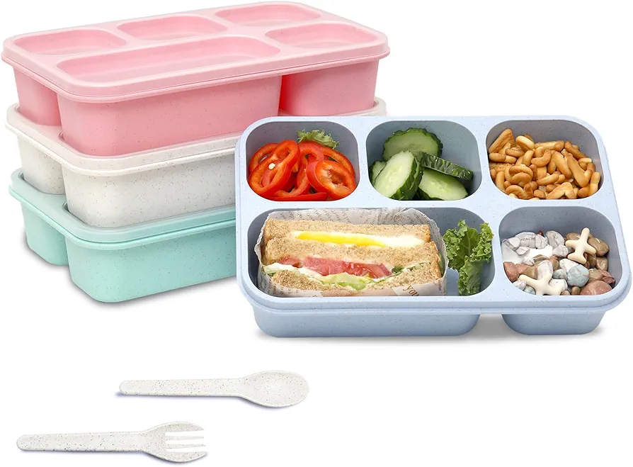 Bento Box Adult Lunch Box, 4 Pack Lunchable Containers 5 Compartments,Divided Lunch Containers with Utensils,Reusable Snack Containers for Adults Kids,Snack Box Containers for School Work Travel