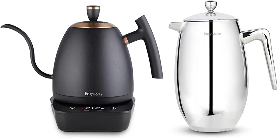 Easyworkz Electric Gooseneck Pour Over Coffee Kettle 27 oz, Bundled with Easyworkz Nando French Press 23 oz
