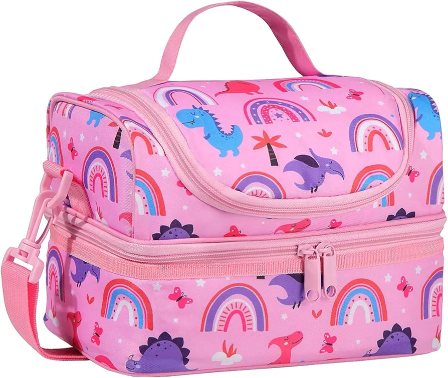 Kasqo Lunch Box Bag for Girls, Insulated Reusable Dual Decker Compartments Cooler Bag for Kids/School/Picnic/Travel Pink Dinosaurs