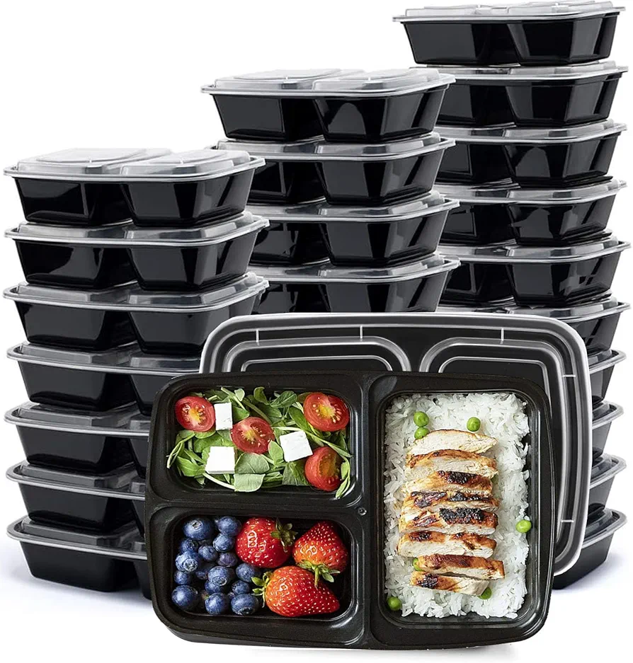 Meal Prep Containers With Lids 50 Set, 3 Compartment Divided Food Storage Containers Reusable To-go Container Plastic Lunch Box Disposable Bento Box - Microwave Safe (33 oz)