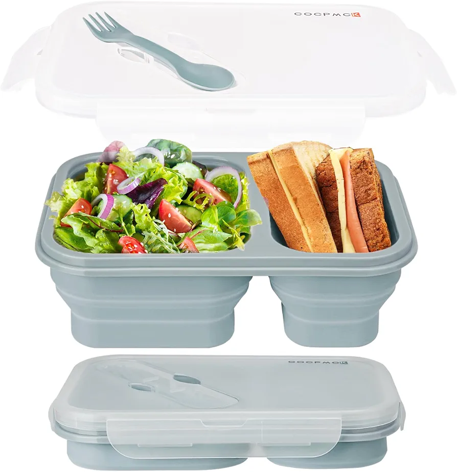Blue 2 Compartments Collapsible lunch containers with Lid | lunchbox with utensils | Foldable Silicone Bento for adults | BPA-Free|food storage for a picnic,travel, offices | Microwave Dishwasher Safe