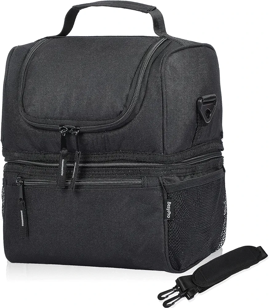 Insulated Dual Compartment Lunch Bag for Women Men,Leakproof Cooler Food Bag with Shoulder Strap for Unisex Adult,Thermal Bento Lunch Bag for Work,Picnic,Beach Black