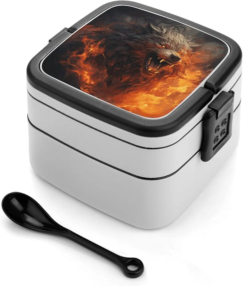 Bento Box Double Layer Bento Box Wild Wolf in The Fire Printed Lunch Box Reusable Leak Resistant Lunch Box for Dining Out Work Picnic
