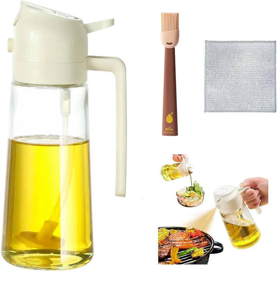 Oil Sprayer for Cooking,2 in 1 Glass Oil Sprayer & Dispenser,16 oz Thick Glass Spray Oil Bottle,Suitable for Various Liquid Seasonings,Includes an Oil Brush and a Dishcloth (Creamy White)