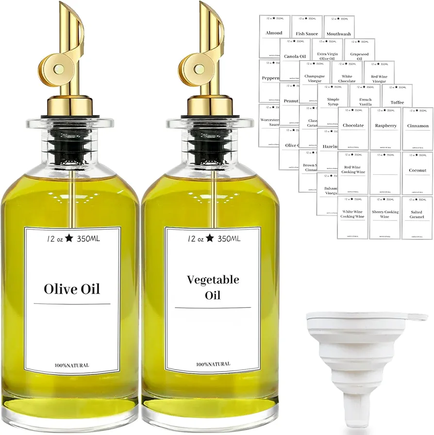 Olive Oil Dispenser Bottle for Kitchen, Glass Cooking Oil and Vinegar Dispenser Set, Olive Oil Container, Coffee Syrup Dispenser with Metal Spout, Funnel & 45 Labels