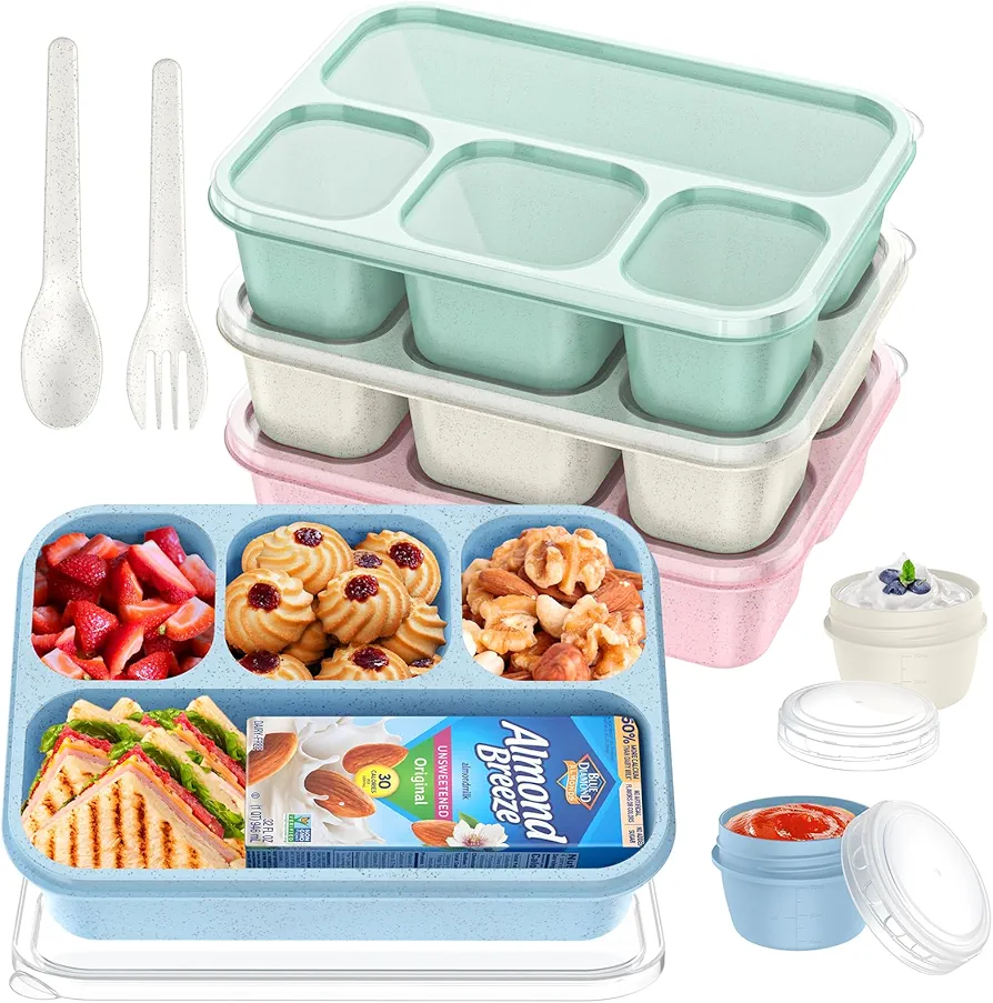 Bento Box Adult Lunch Box (4 Pack) - 4-Compartment Snackle Box Container Bento Box for Kids/Adults, 44Oz/1300ML Meal Prep Containers Reusable with 2 Sauce Containers & Utensils (Wheat)