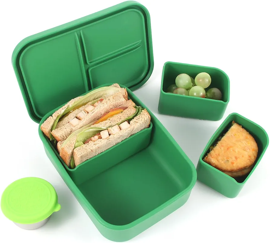 Silicone Lunch Box, 27oz（800ml Green Bento Box with 3 Removerable Compartments for Adults, Leak-Proof with a Dressing Container,Microwave, Dishwasher safe (Green)