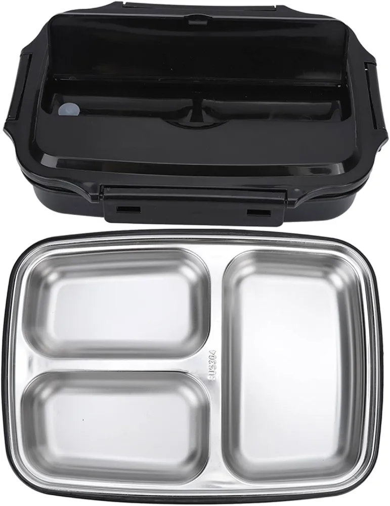 Black Divided Lunch Box 304 Stainless Steel Lunch Bento 3 Compartment Food Container with Sealed Lid for Outdoor Office Canteen