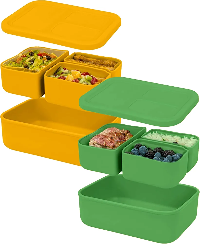 Versatyle Reusable Bento Lunch Box with 3 Compartments - silicone bento box for kids and Adults, Ideal for Meal Prep, Leakproof, Silicone Lunch box, Versatile (Set of 2, Watermelon Green & Gold Honey)