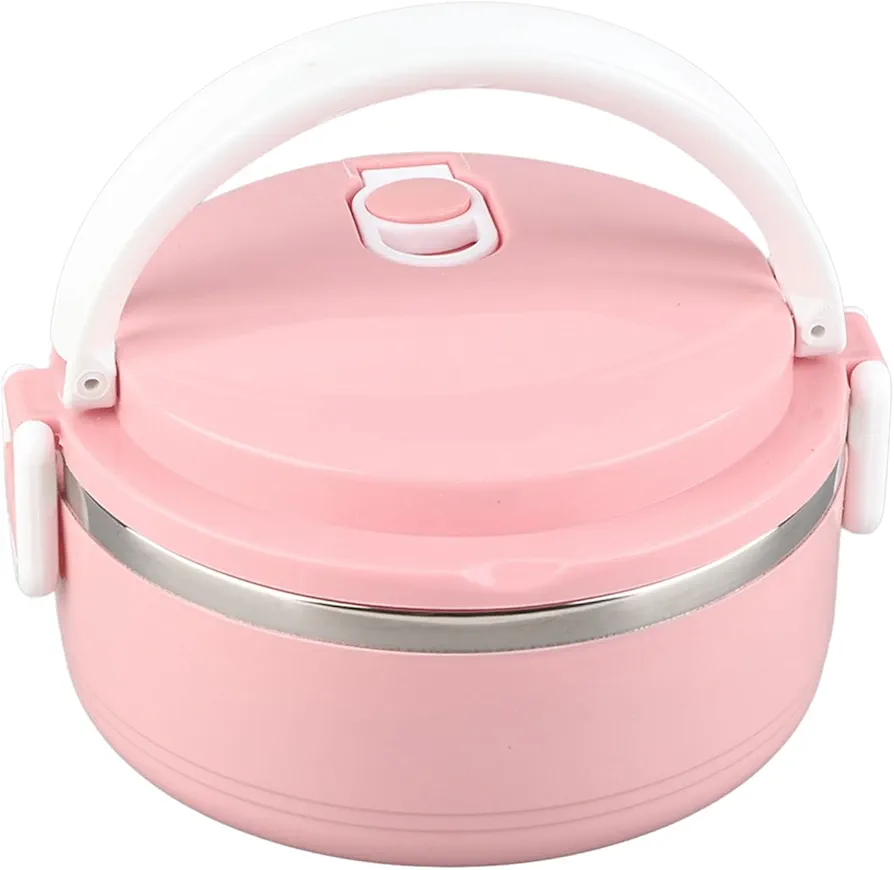 Bento Box, Pink Portable Stainless Steel Insulated Rice Noodle Lunch Box Bento, Single Layer Food Container, Insulated Food Container, Stainless Steel Round Lunch Box, Sealed Food Containers