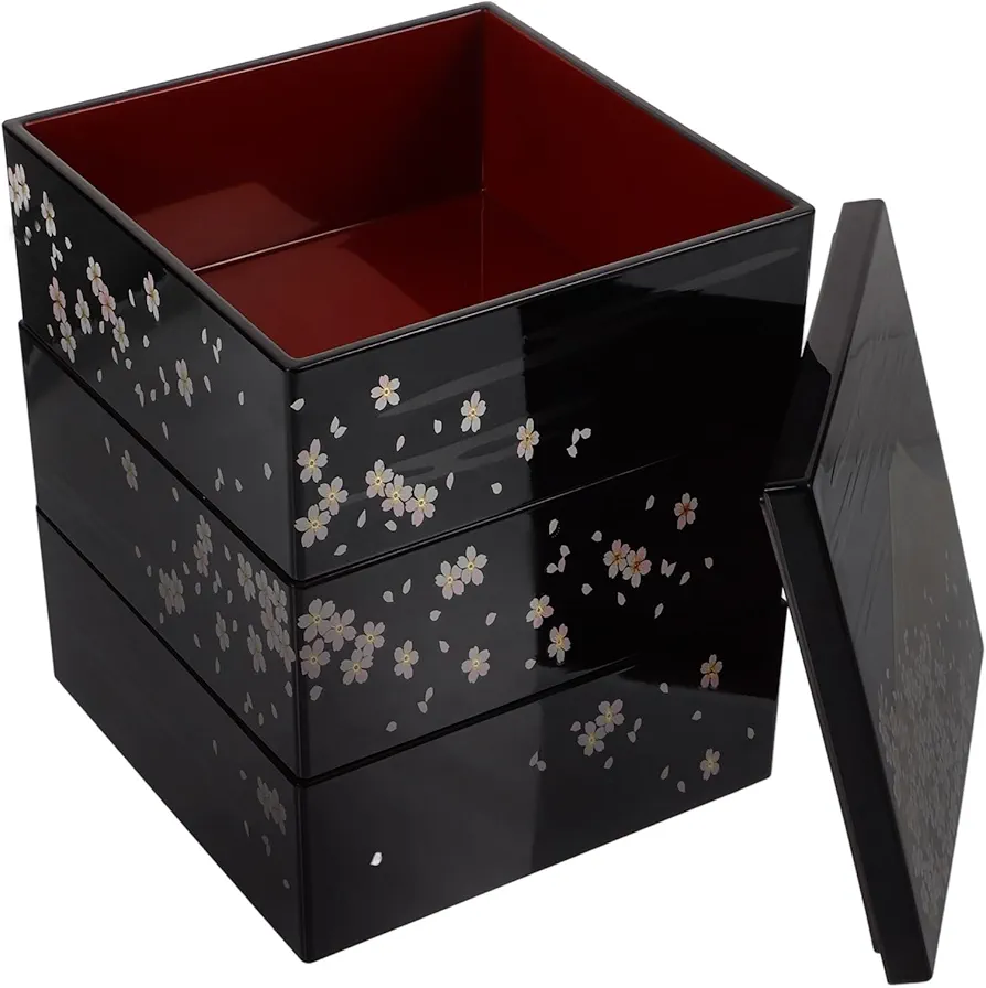 Amosfun Traditional Japanese Bento Lunch Box 3-tiers Sushi Tray Box Plastic Lacquered Snack Box with Lid Meal Prep Container for Home Restaurant