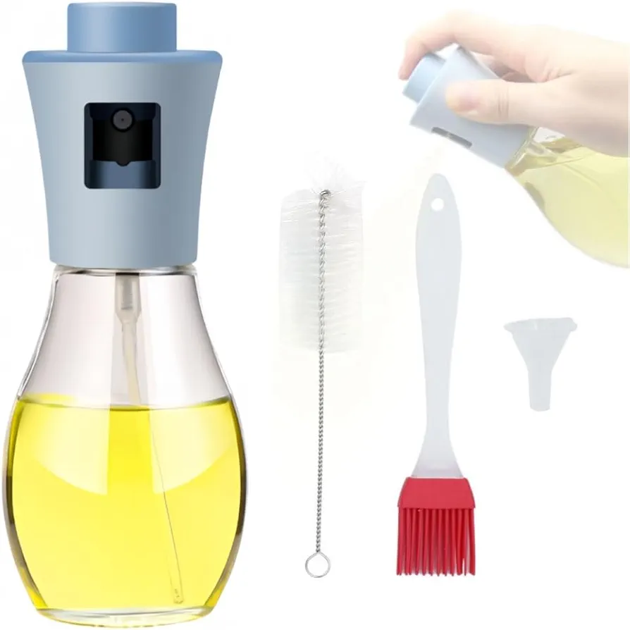 200ml Olive Oil Sprayer Mister with Funnel Refillable Fine Spraying Bottle Continuous Spray Portable Glass Oil Dispenser for Air Fryer, BBQ, Roasting, Salad, Blue
