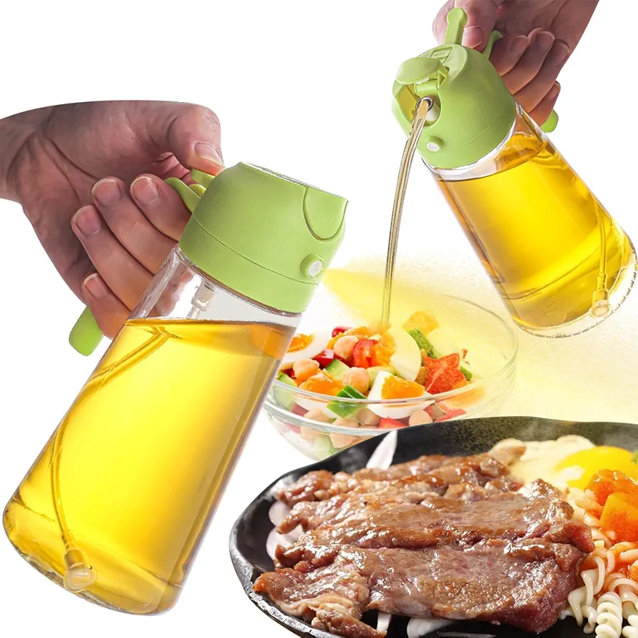 2 in 1 Oil Dispenser and Oil Sprayer, Oil Sprayers for Cooking 16oz Olive Oil Spray Bottle, Oil Dispenser for Kitchen for Barbecue, Salad, Cooking, Baking