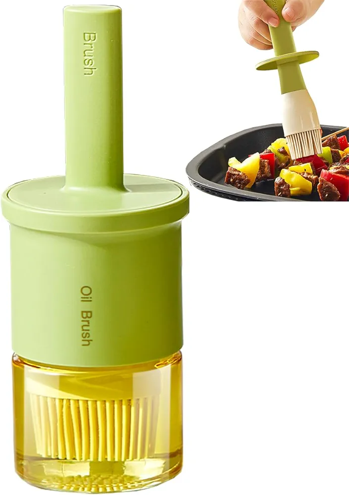 Glass Oil Dispenser with Heat Resistant Brush,Oil Dispenser Bottle with Silicone Pastry Brush for Kitchen,Cooking Vinegar and Sauce BBQ Grill Frying (Oil Dispenser-Green)