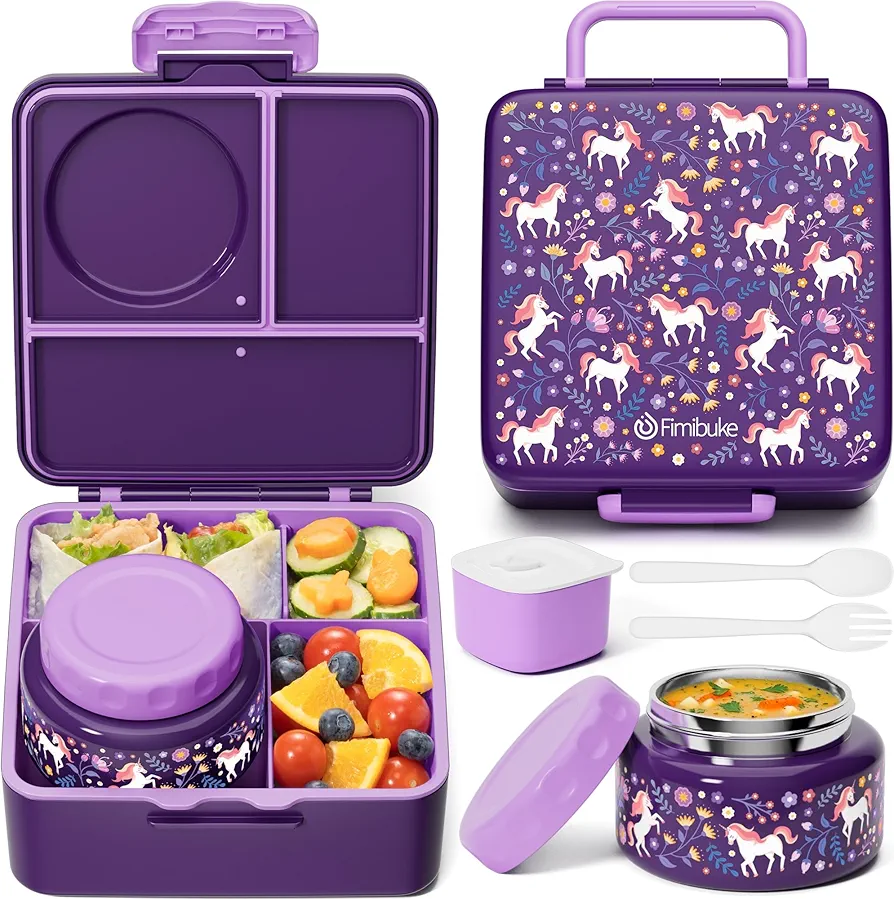 Fimibuke Bento Box for Kids Adult, BPA Free & Leakproof Toddler Lunch Box with 8.5oz Insulated Thermos Food Jar, Utensils & Sauce Jar, Dishwasher Safe 3 or 4 Compartment Container for School Girl Boy