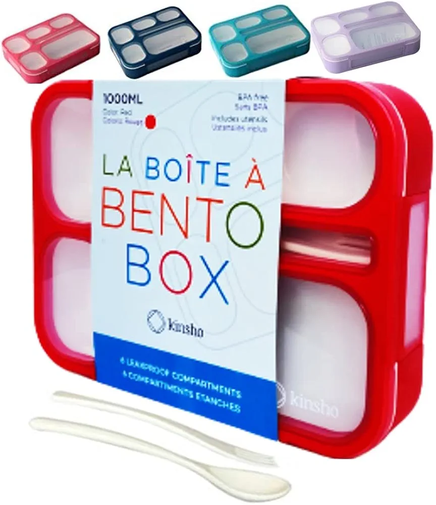 kinsho Bento Box Kids Lunch-Box, Snack Containers for Toddler Daycare, Leakproof School Bentobox 6 Compartment Container for Boys Girls Adults Lunches, Utensils, Red
