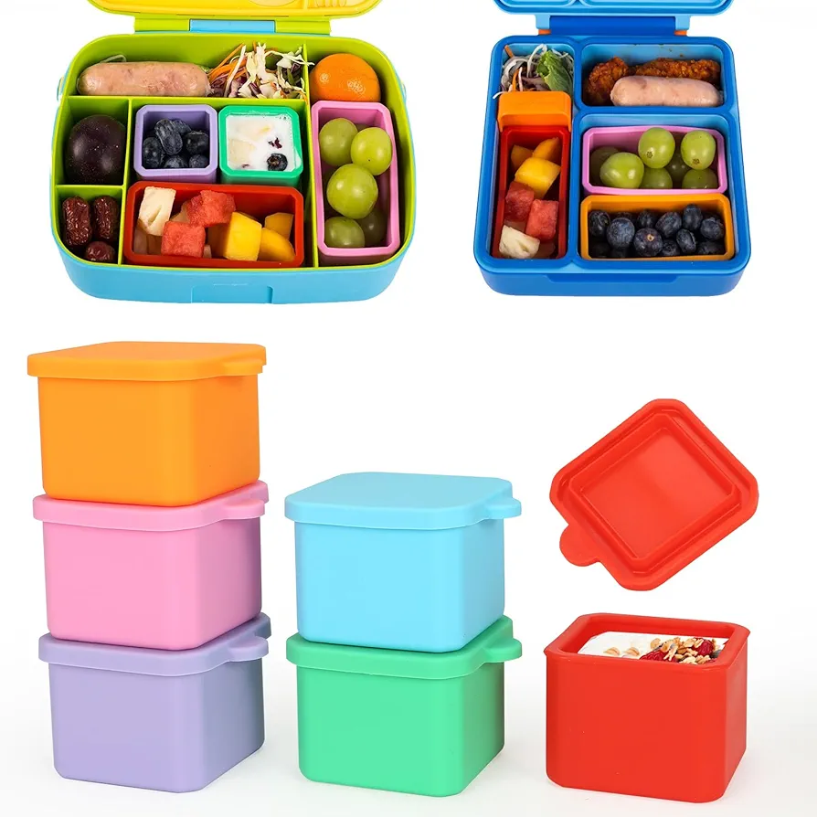6PCS Lunch Bento Box Accessories for Kids, 2oz Silicone Lunch Box Dividers with Lids Small Silicone Food Storage Container for Snack Sauce Condiment Soup Yogurt Salad Dressing (Square)