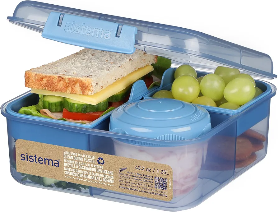Sistema Ocean Bound Plastic Bento Box | Lunch Box with Yoghurt/Fruit Pot | 1.25 L Square | BPA-Free Made Using Recycled Plastic | Assorted Colours (Varies by Pack)
