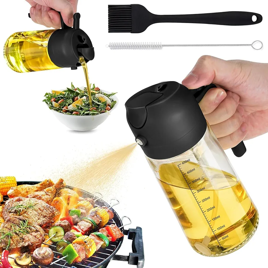 Oil Sprayer for Cooking, 2 in 1 oil dispenser and oil sprayer Cooking Olive Oil Spray Bottle 470ml Glass Vegetable Oil Dispenser Bottle Spray and Pour, Black