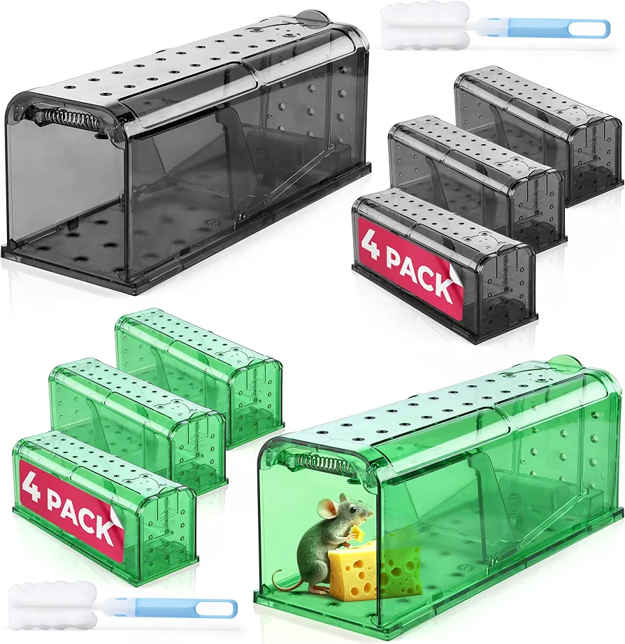 Teal Elite Humane Mouse Trap Bundle - Pack of 4 Green and 4 Gray - Indoor and Outdoor Use - Safe and Effective Catch and Release