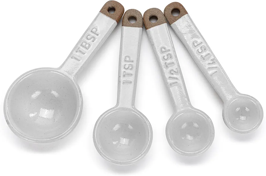 DEMDACO Gather 'Round Collection Classic White with Raw Clay Like Handle 4.5 x 2 Stoneware and Suede Measuring Spoon Set of 4