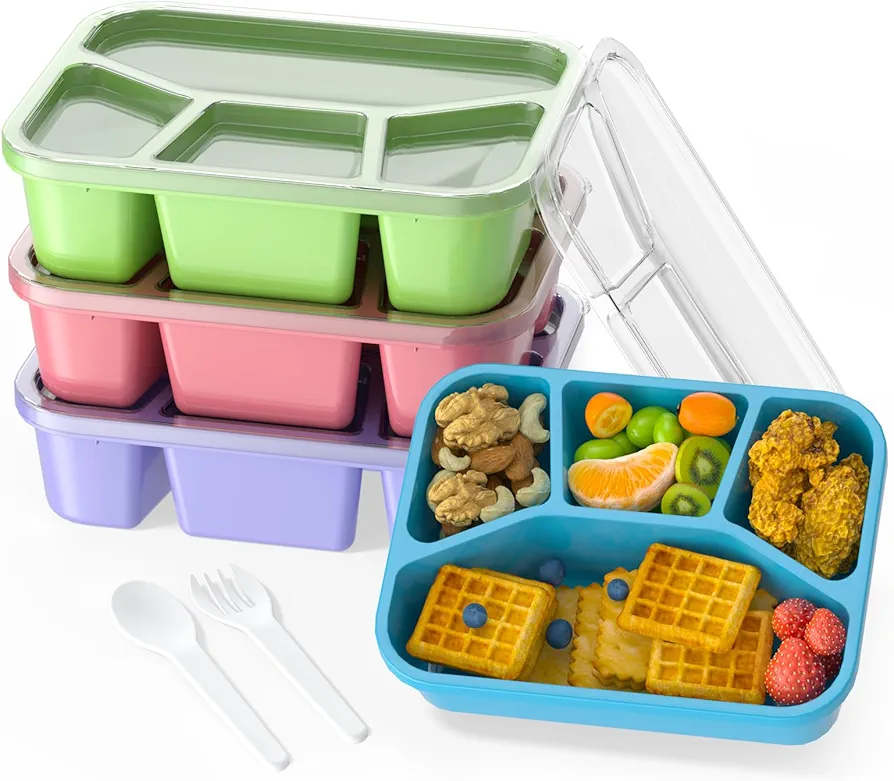 Bento Lunch Box and Snack Containers - 4 Compartments, Durable and Safe Lunch Containers for Adults Kids with Transparent Lid, Microwave Safe, BPA free - Set of 4 (PP (Green/Blue/Pink/Beige))
