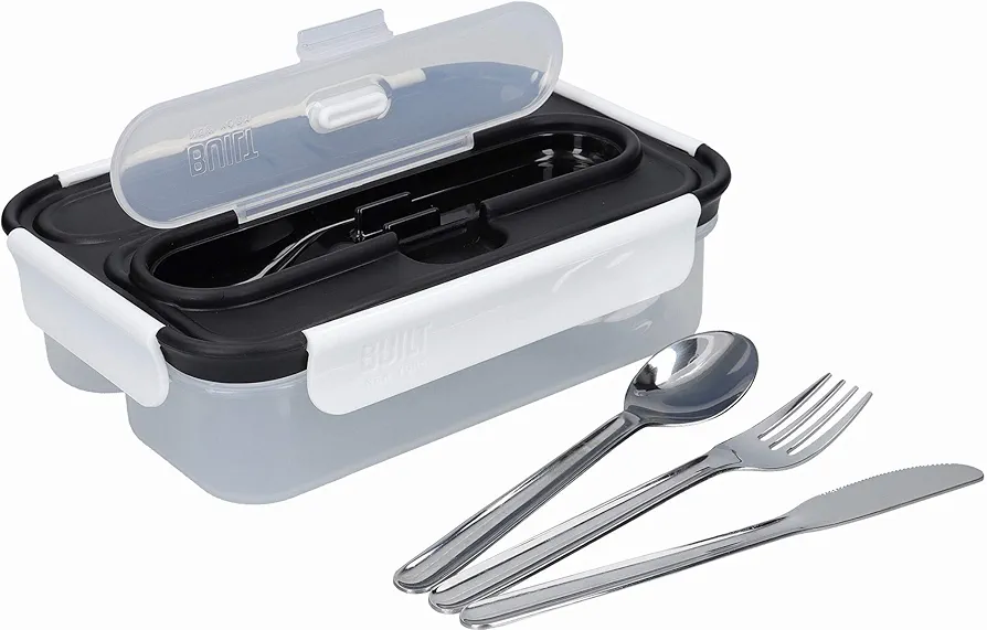 Built Bento Leakproof Lunch Box with Stainless Steel Cutlery, Plastic, Black/White