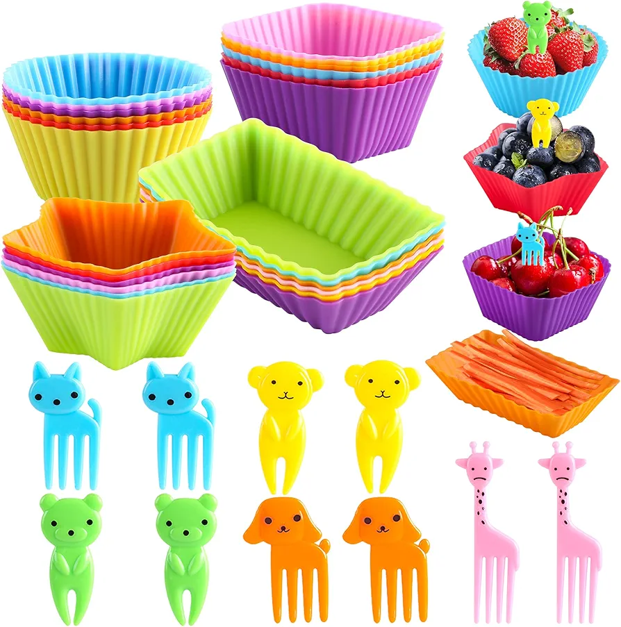 Silicone Lunch Box Dividers for kids,24 pcs Bento Box Dividers with 10 Animal Food Picks,Silicone Bento Box Inserts,Silicone Cupcake Baking Cups,Muffin Pan Liners,Reusable and BPA Free