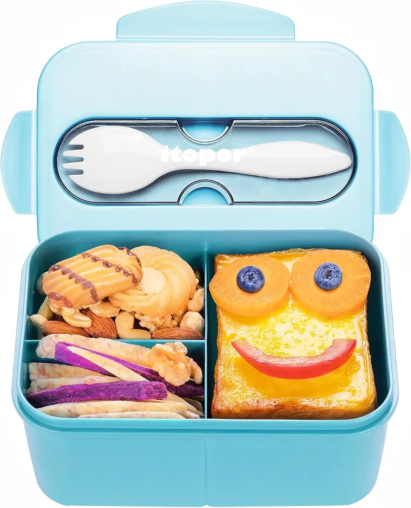Itopor® Ideal Leak-Proof Bento Box for Kids,BPA-Free Lunch Box Kids,Dye-Free Lunch Containers with Utensils,Microwave & Dishwasher Safe Bento Box Adult (Blue 1250ml)